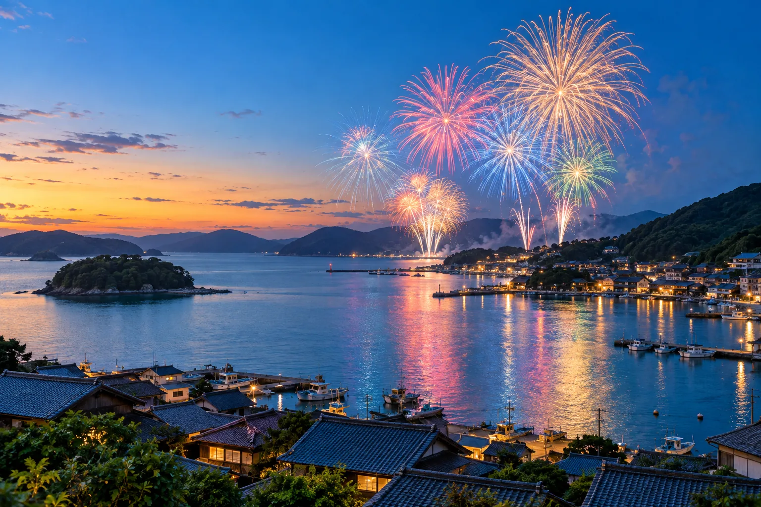 湾の上に開く夏の花火