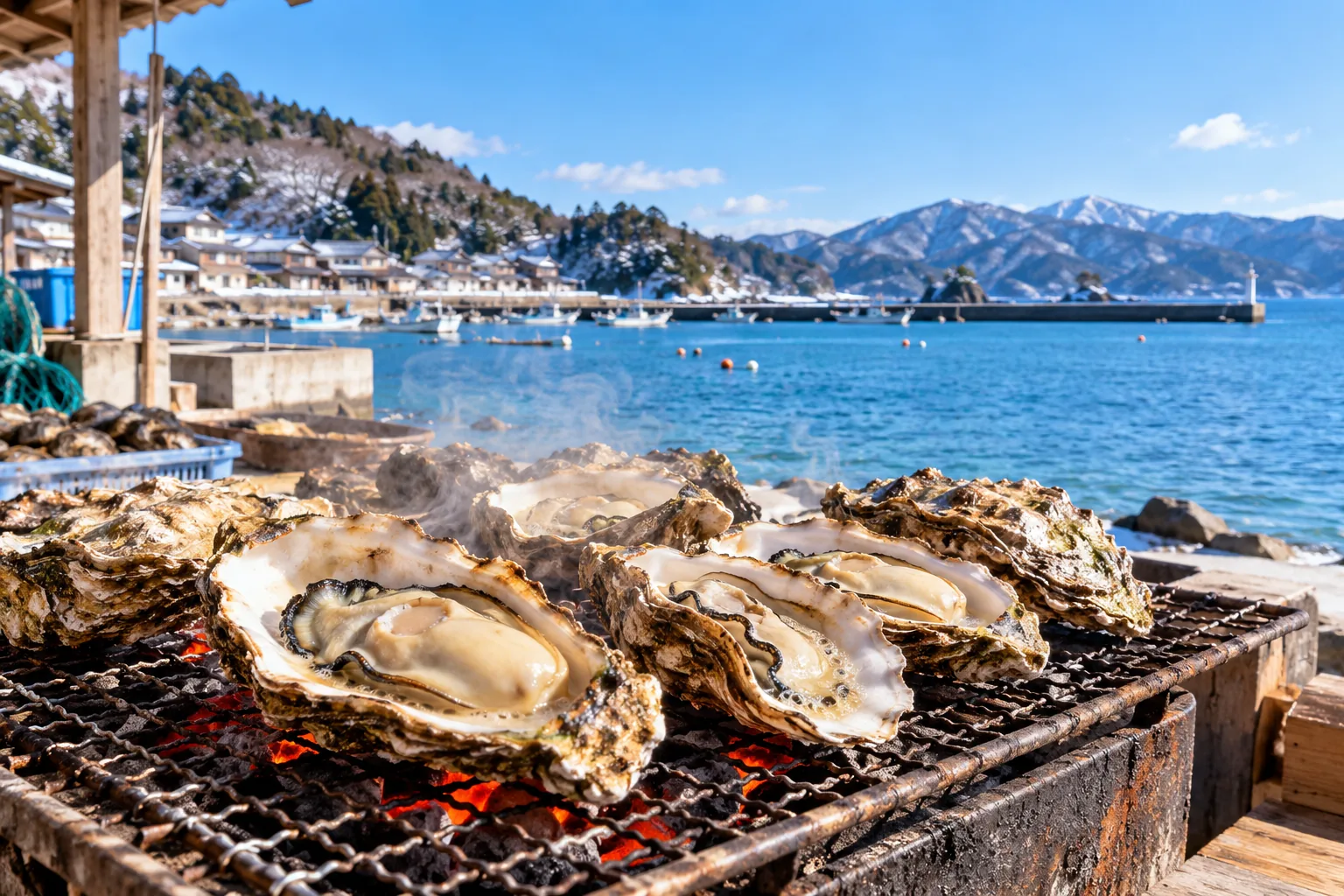 海辺の小屋の炭火で焼かれる牡蠣