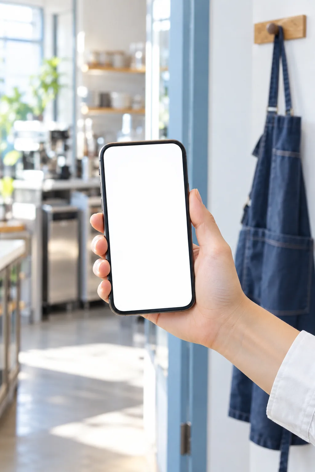 休憩室の入口でスマホを手にするスタッフ