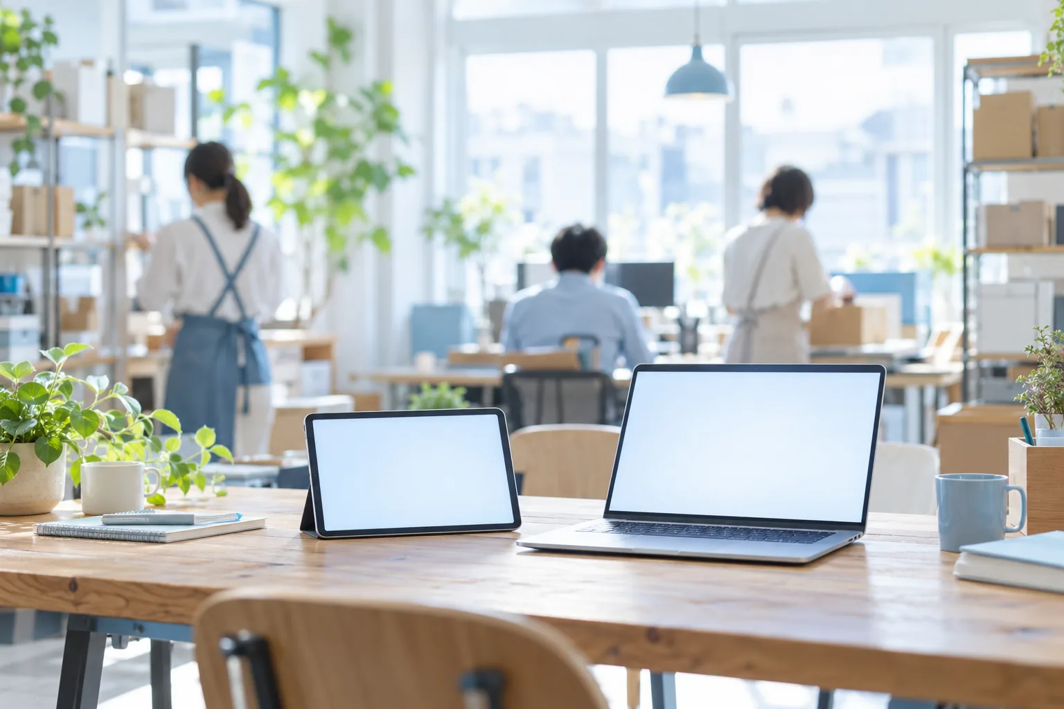 タブレットとノートPCが置かれた、明るい職場の机