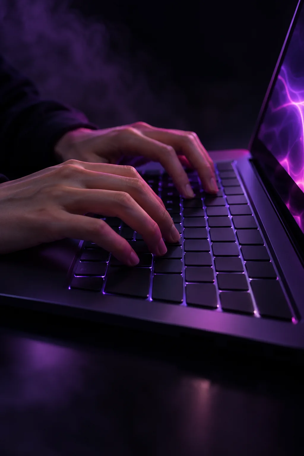 紫の光に照らされたキーボードを打つ手
