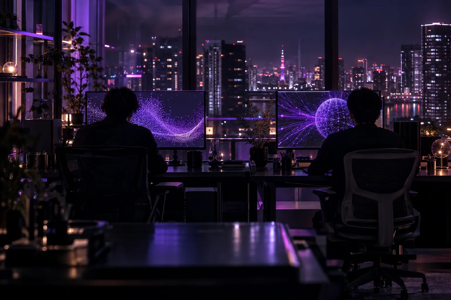 夜のオフィスで、紫のデータを映すモニターに向かう二人の後ろ姿