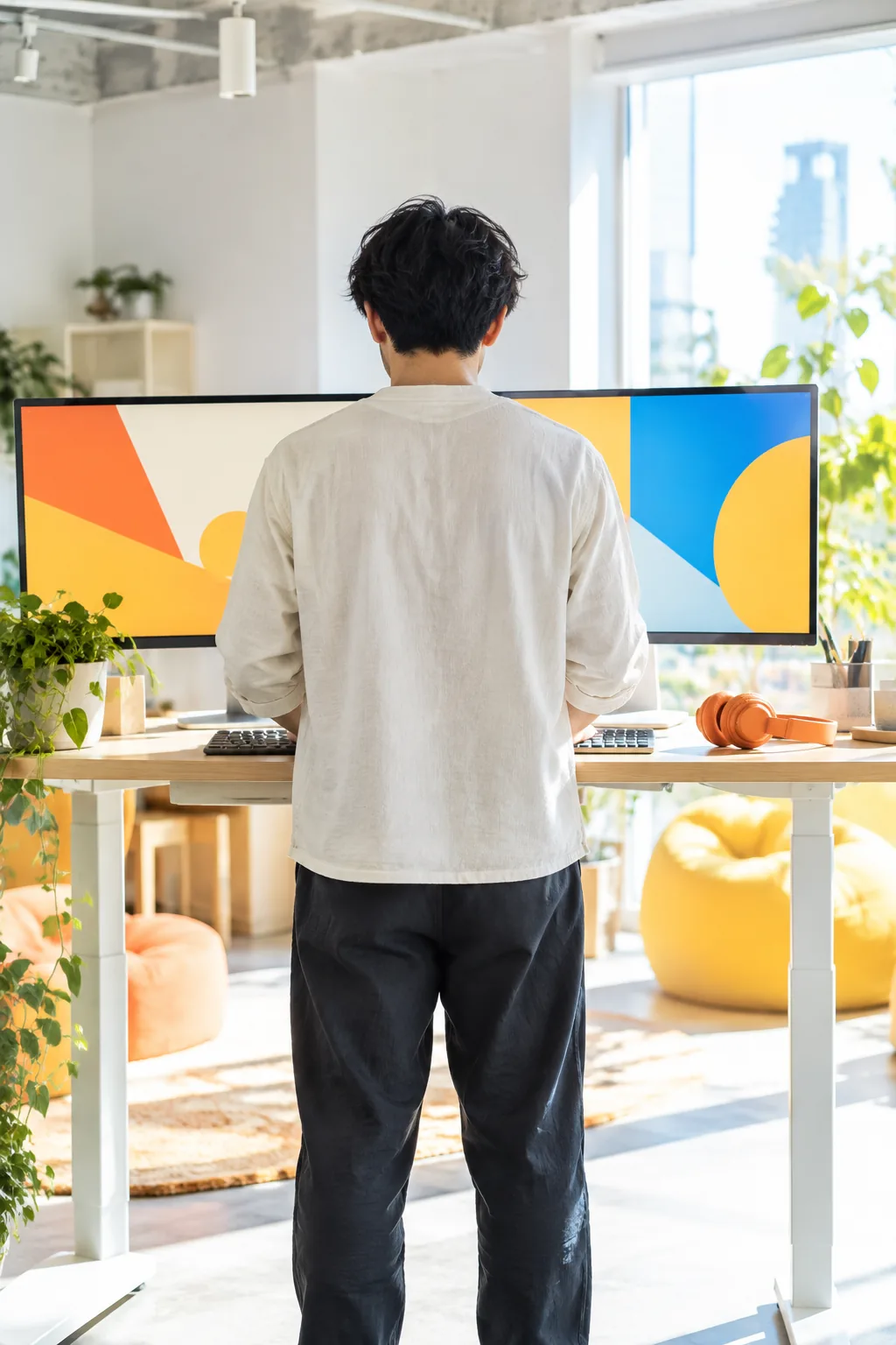 日の当たる立ち机で作業するエンジニアの後ろ姿