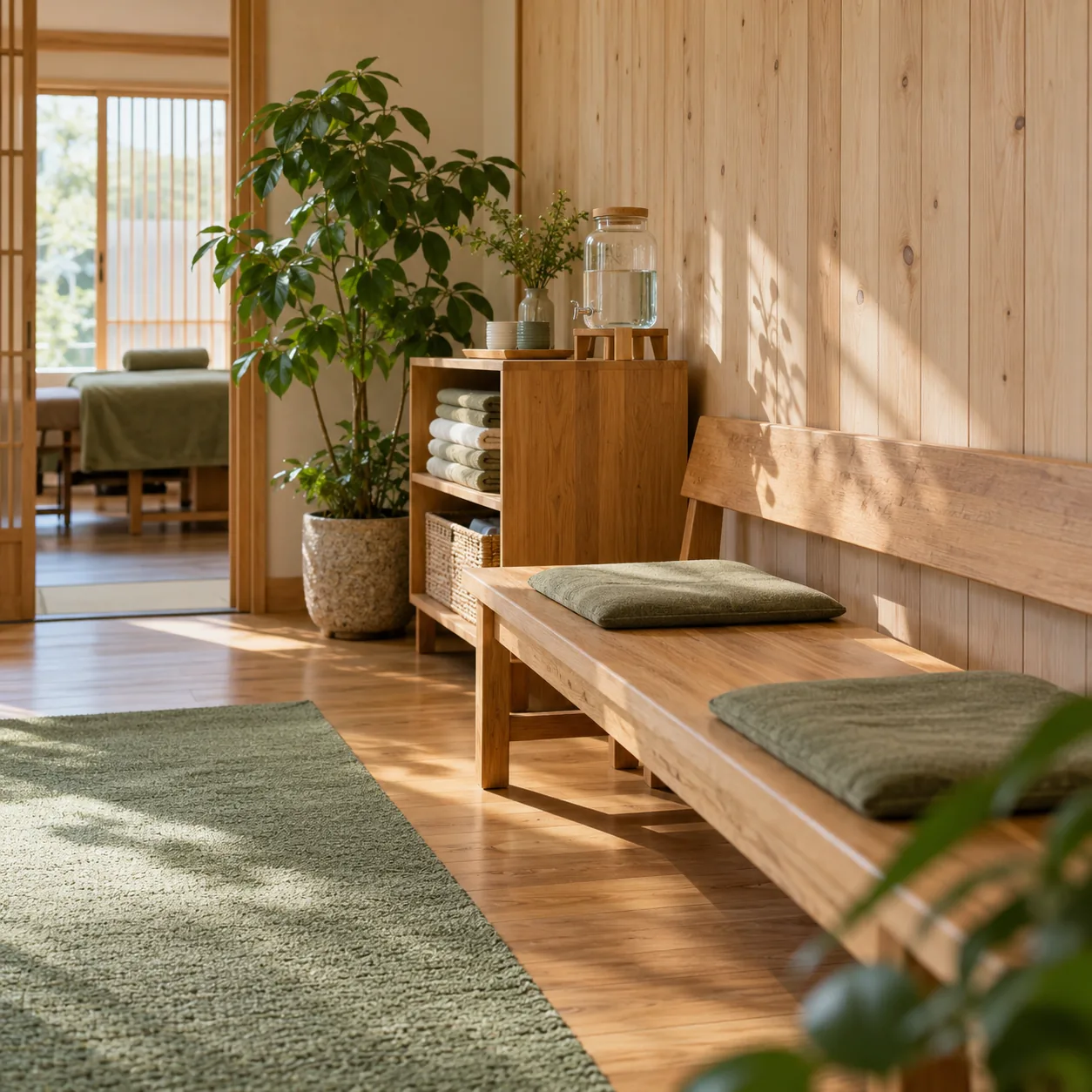 木のベンチと植物のある待合