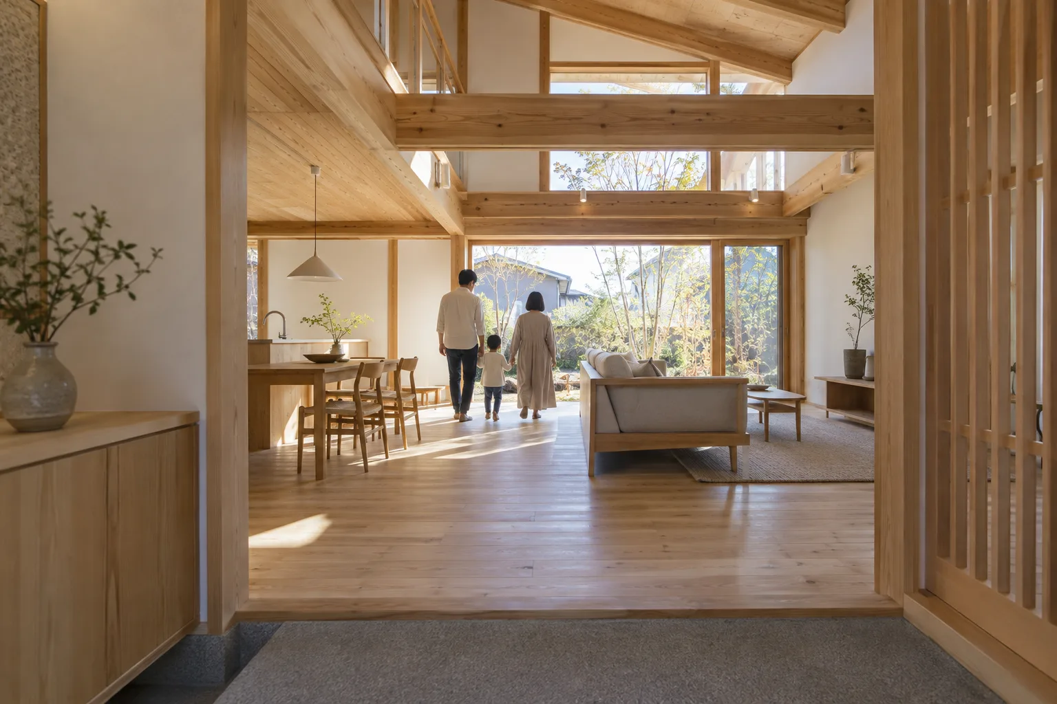 新しい家のリビングに入っていく家族の後ろ姿