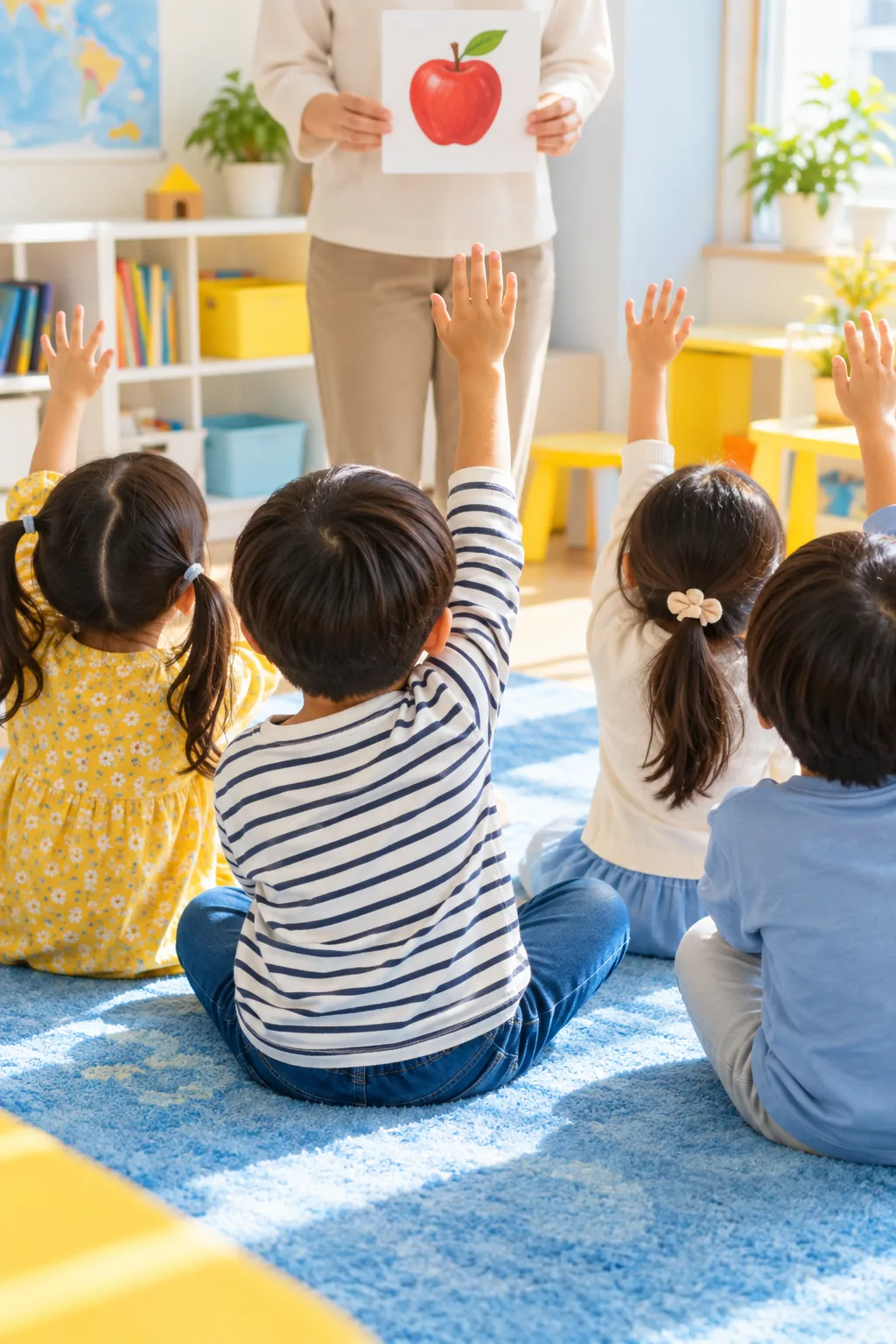 先生のカードに手をあげる子どもたちの後ろ姿