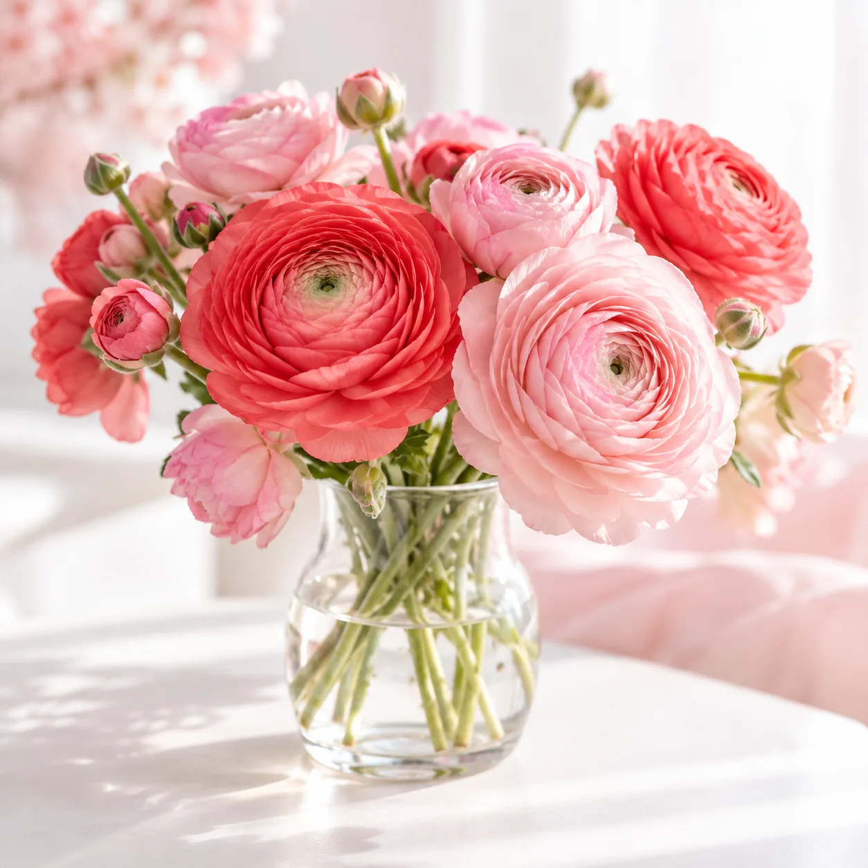 ガラスの花びんに挿したラナンキュラス