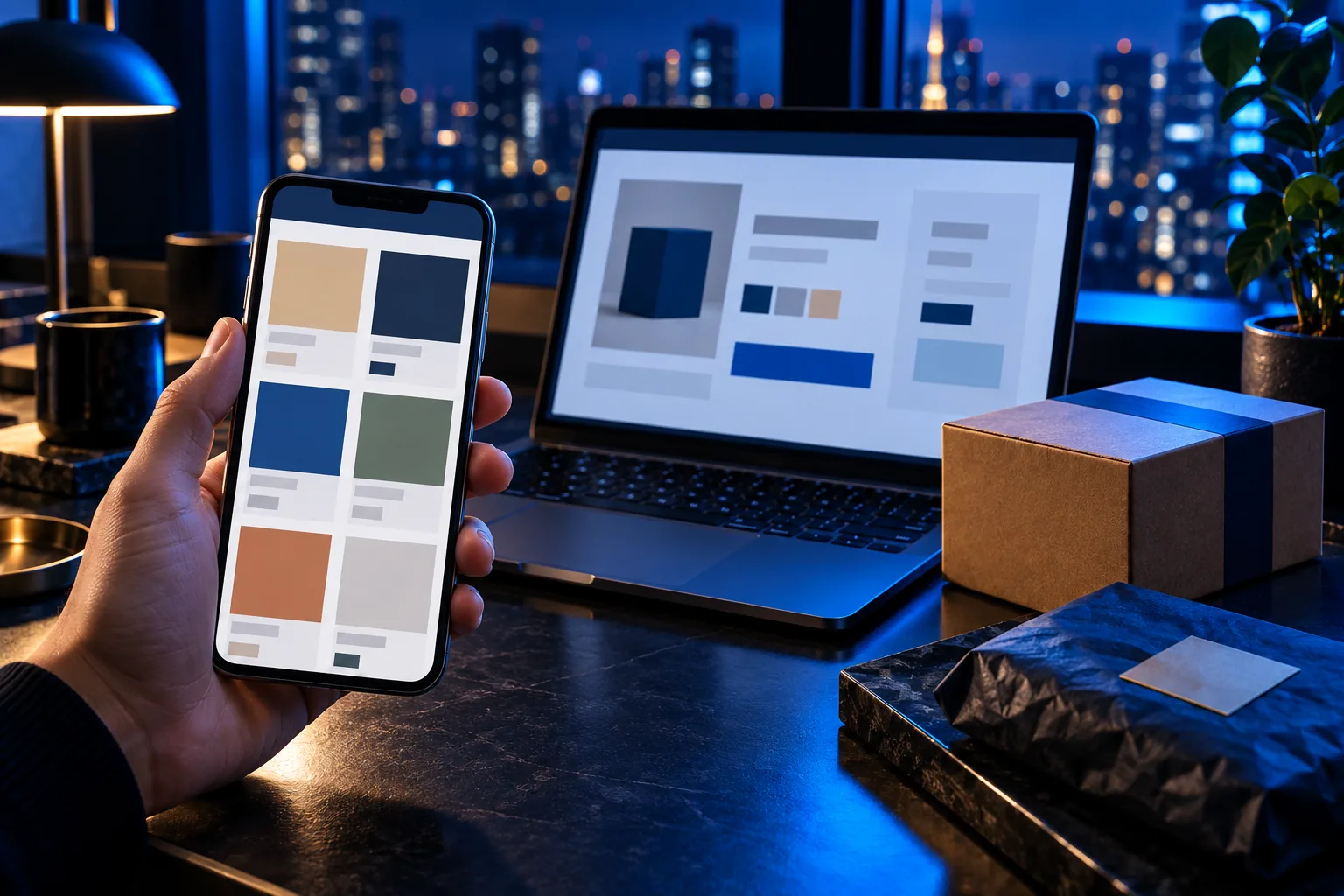 夜の机で、ネットショップの画面が映るスマホを持つ手