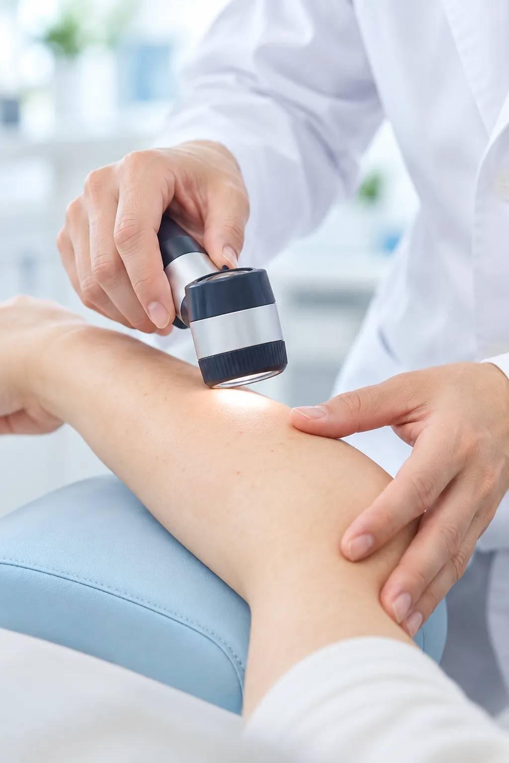 ダーモスコープで腕の肌を診る医師の手