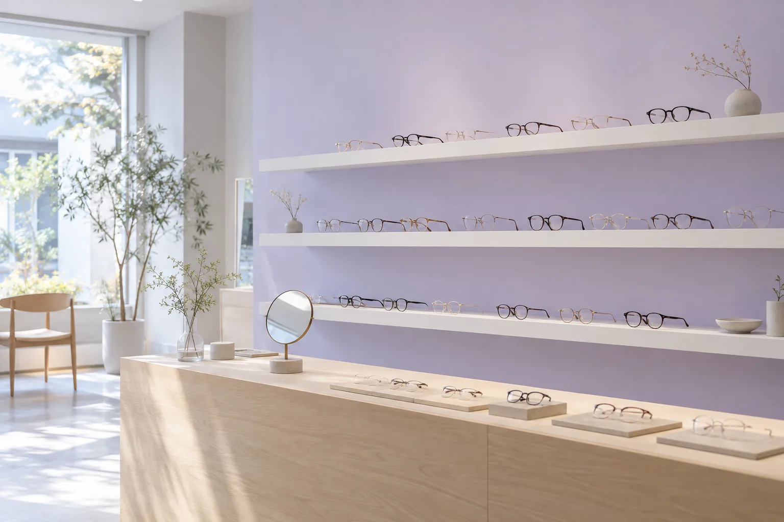 ラベンダー色の壁の白い棚に、眼鏡のフレームが並ぶ明るい店内