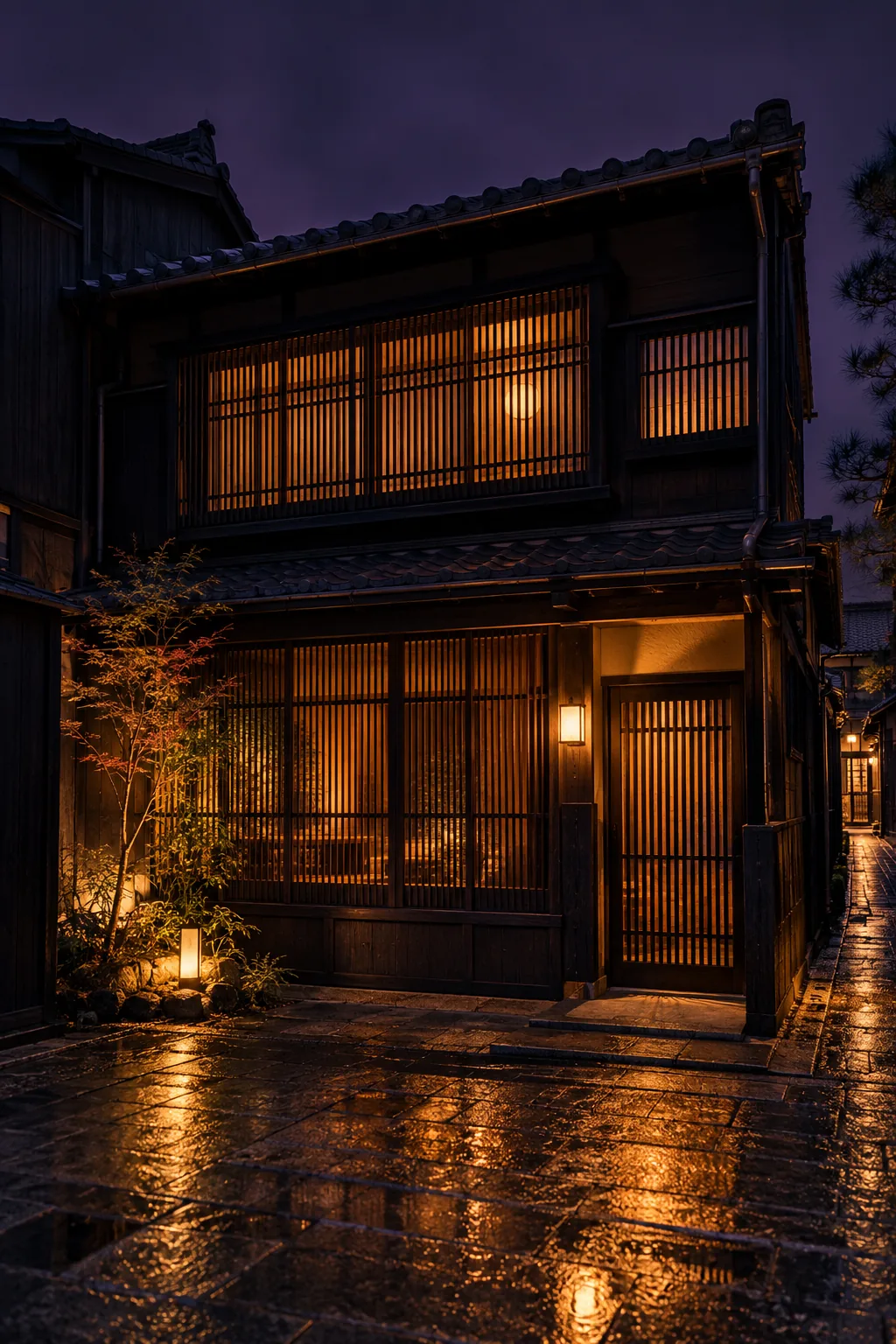 夜の路地に建つ黒い町家。格子から明かりがもれている
