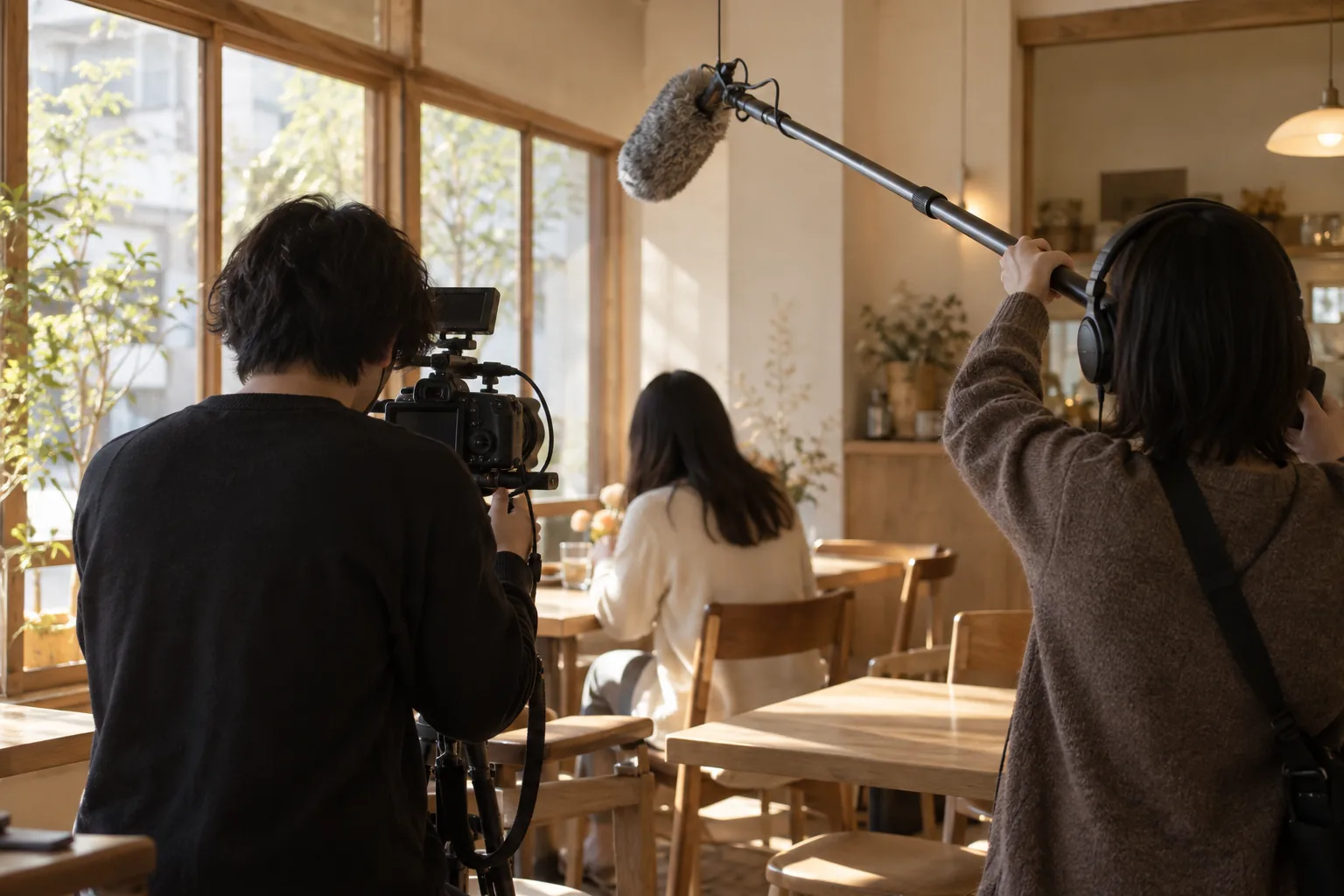 カフェで撮影するカメラマンとマイクを持つ人の後ろ姿