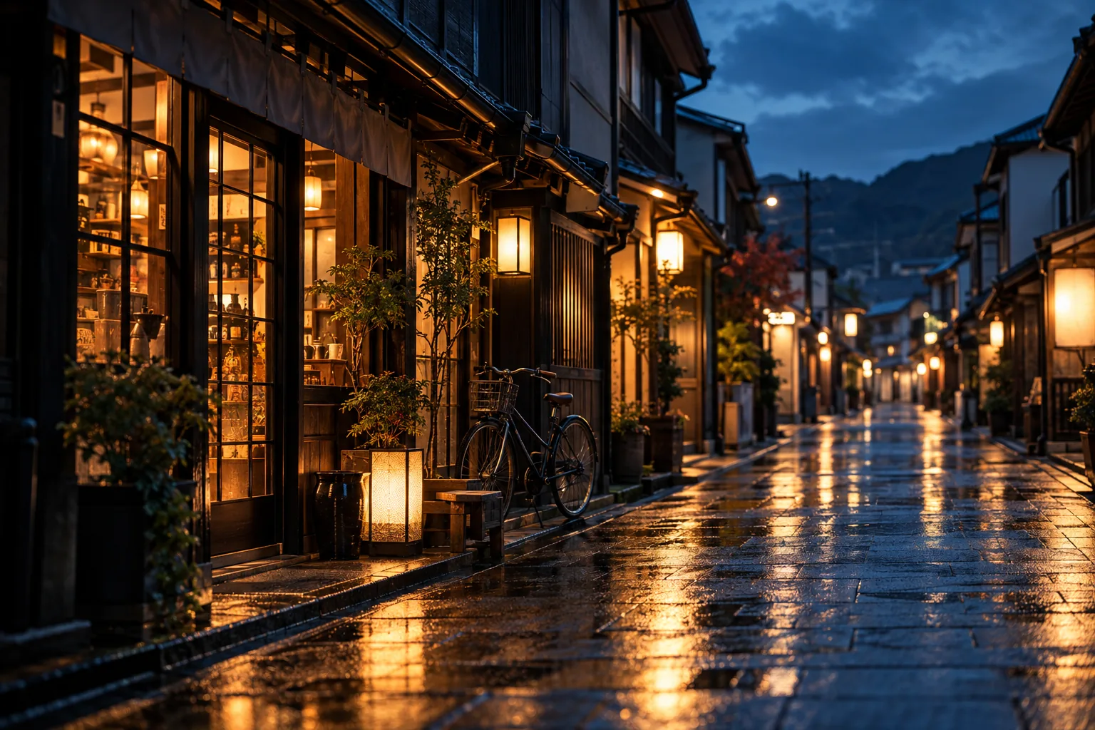 夕暮れの商店街に灯る店の明かり