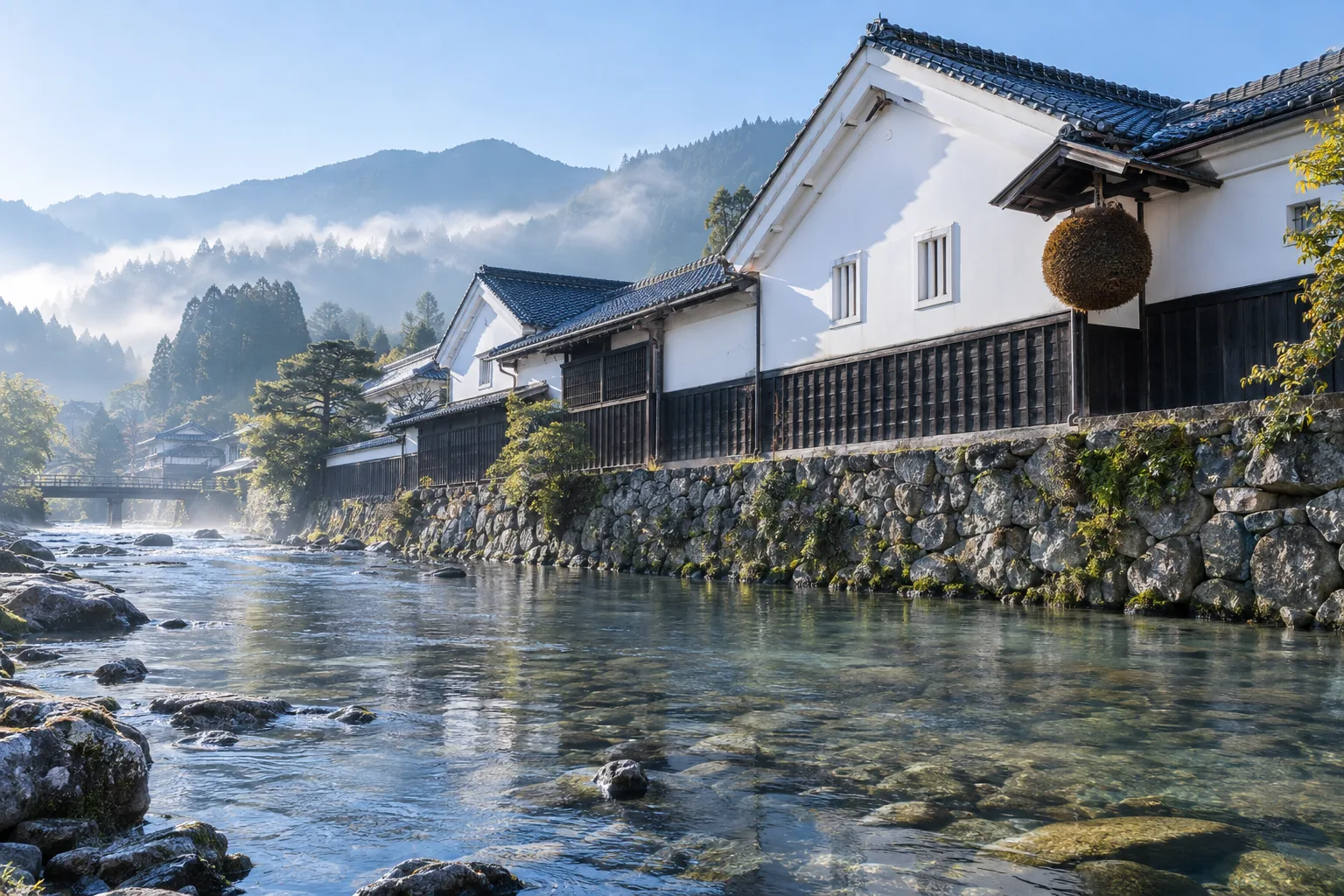 朝もやの川べりに建つ、白壁と杉玉の酒蔵