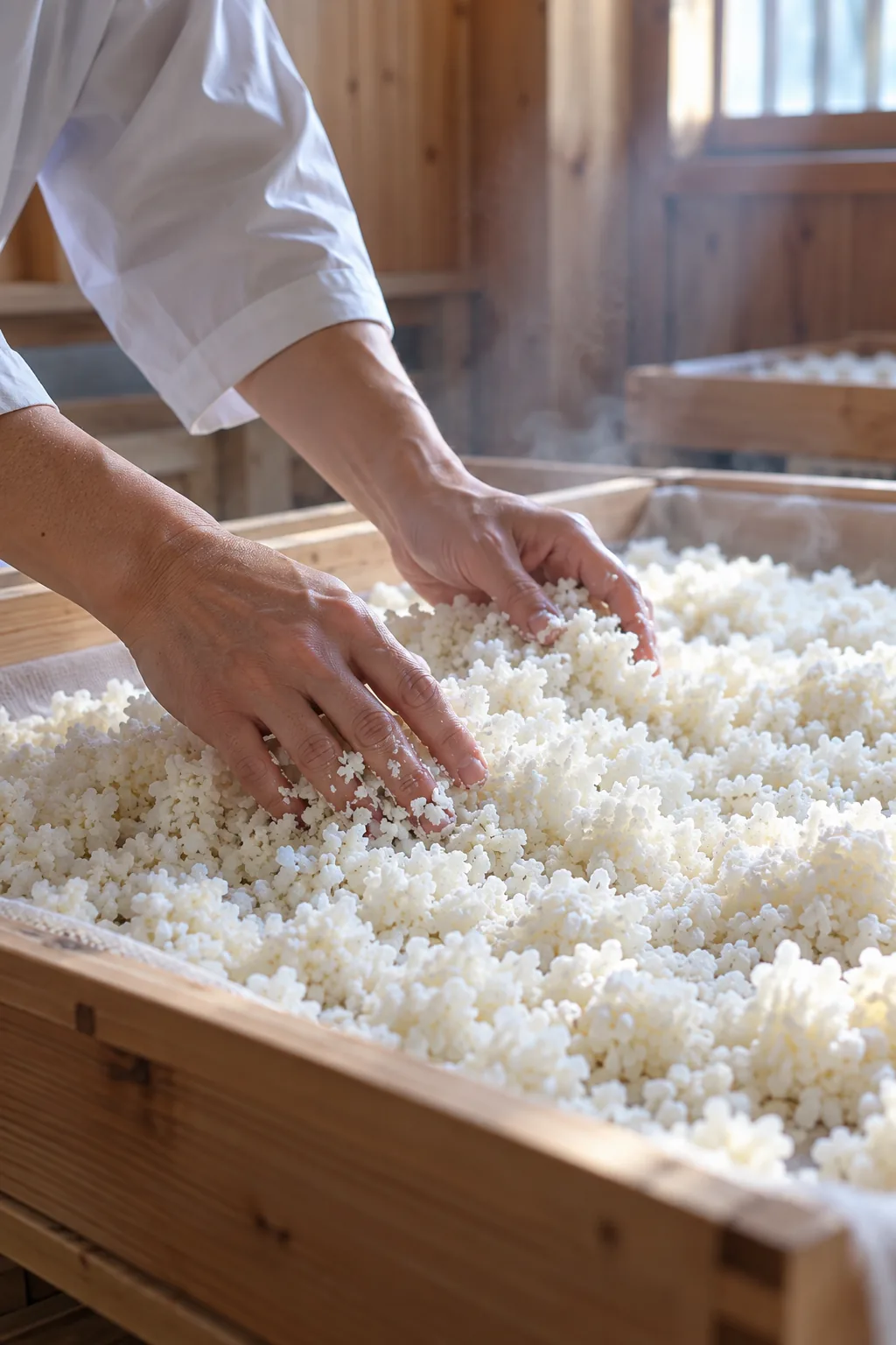 蒸した米に麹をひろげる手