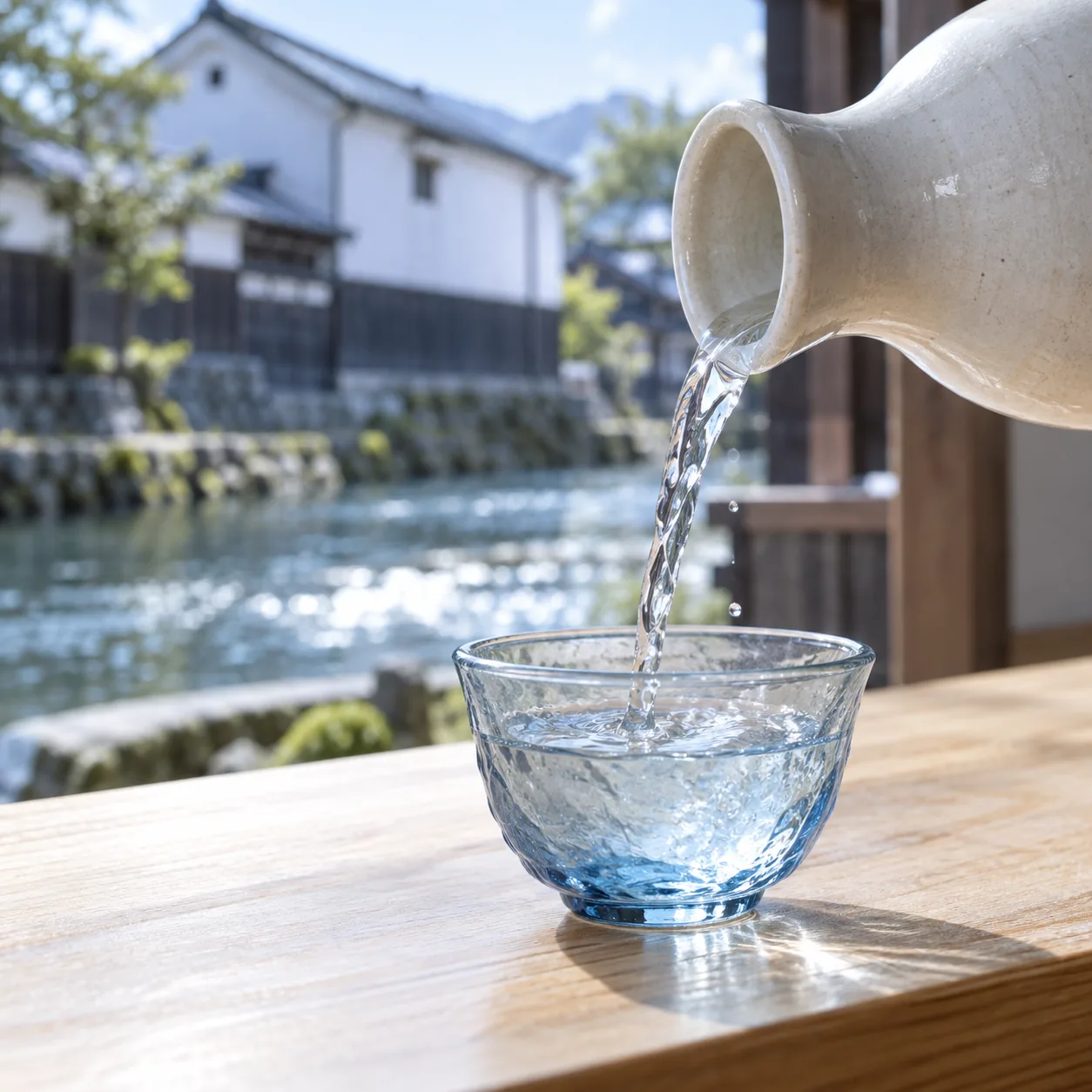 水色のガラスの盃に注がれる酒