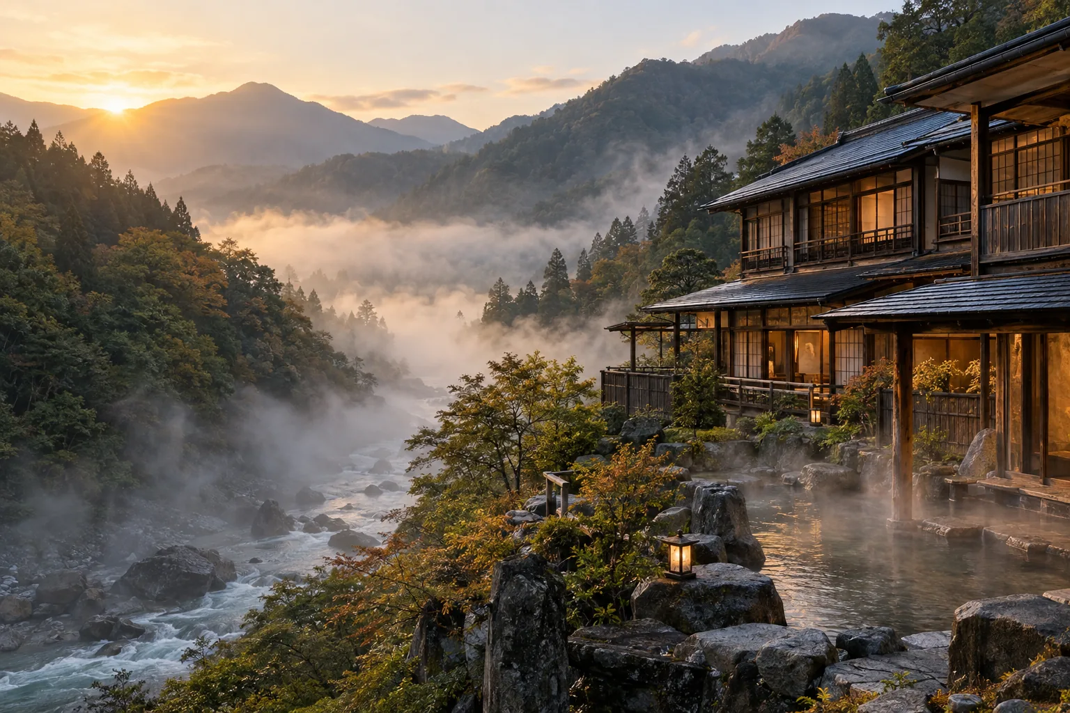 霧の朝の山あいの景色