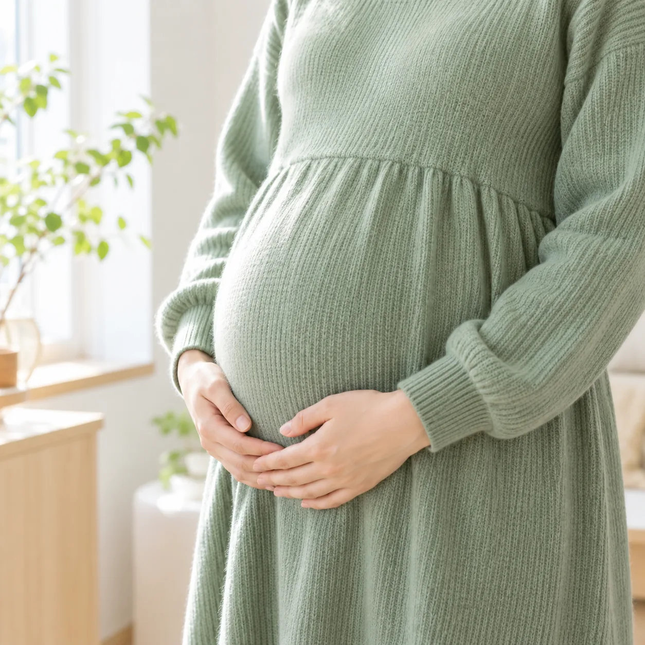 おなかに両手をそえる妊婦さん