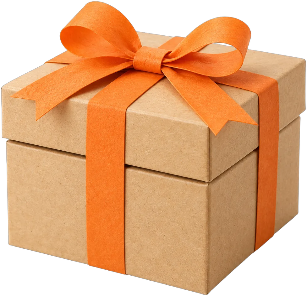 オレンジのリボンを結んだクラフト紙の箱