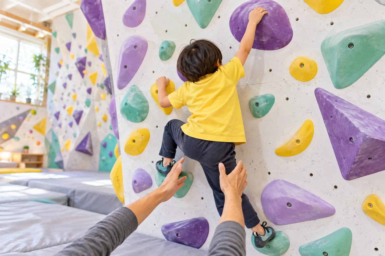 子どもを下から見守る大人の手