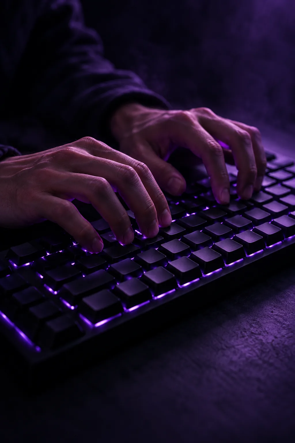 紫の光に照らされたキーボードを打つ手