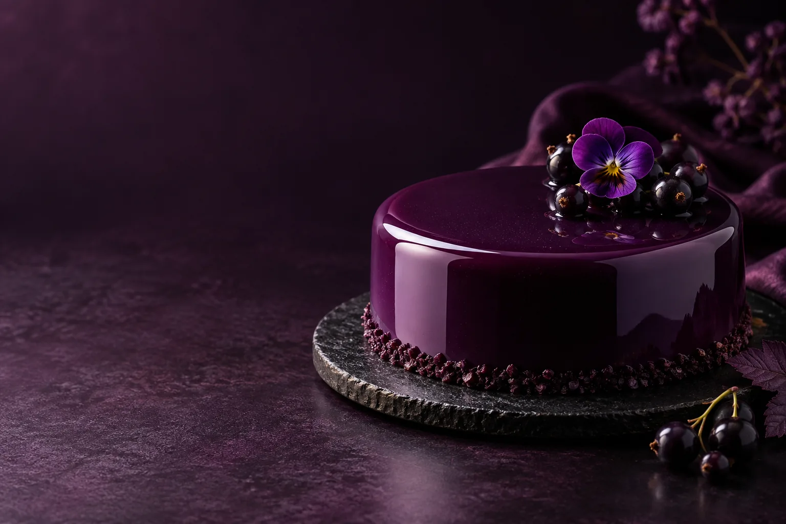 つやのある紫のグラサージュをかけた、丸いホールケーキ