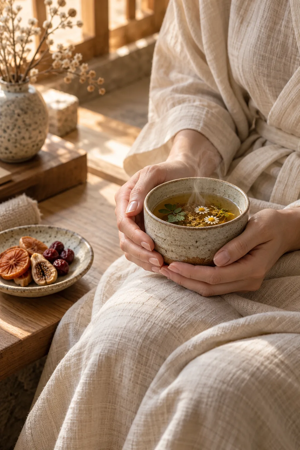 温かいお茶の器を両手で持つ手元