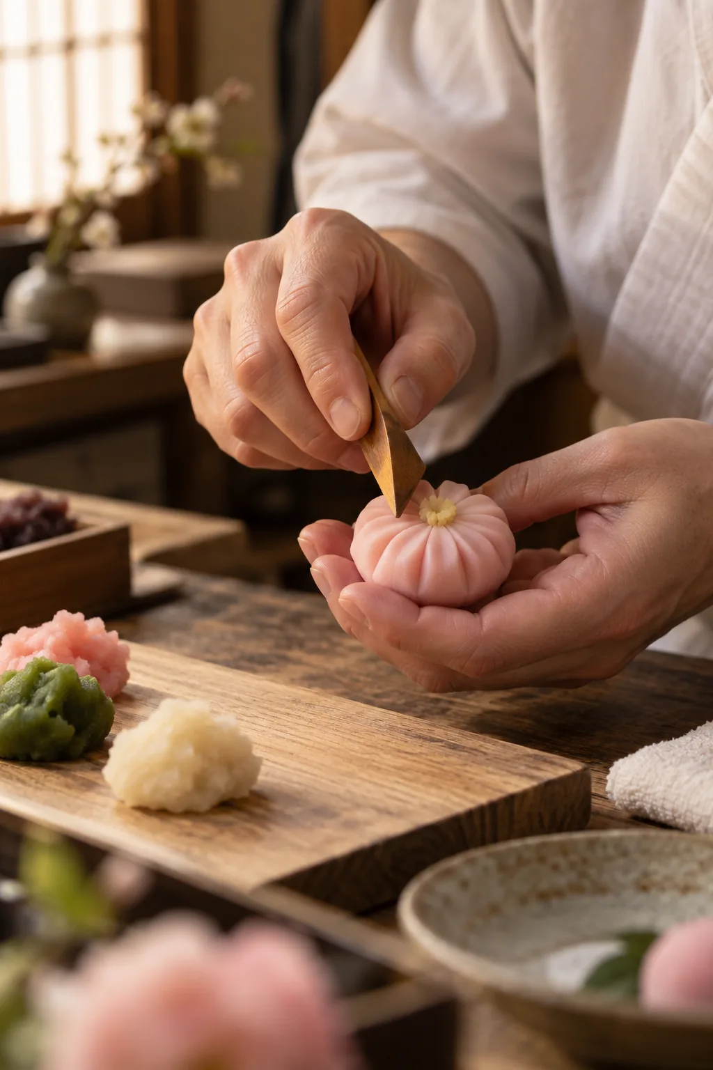 道具で形を整える手