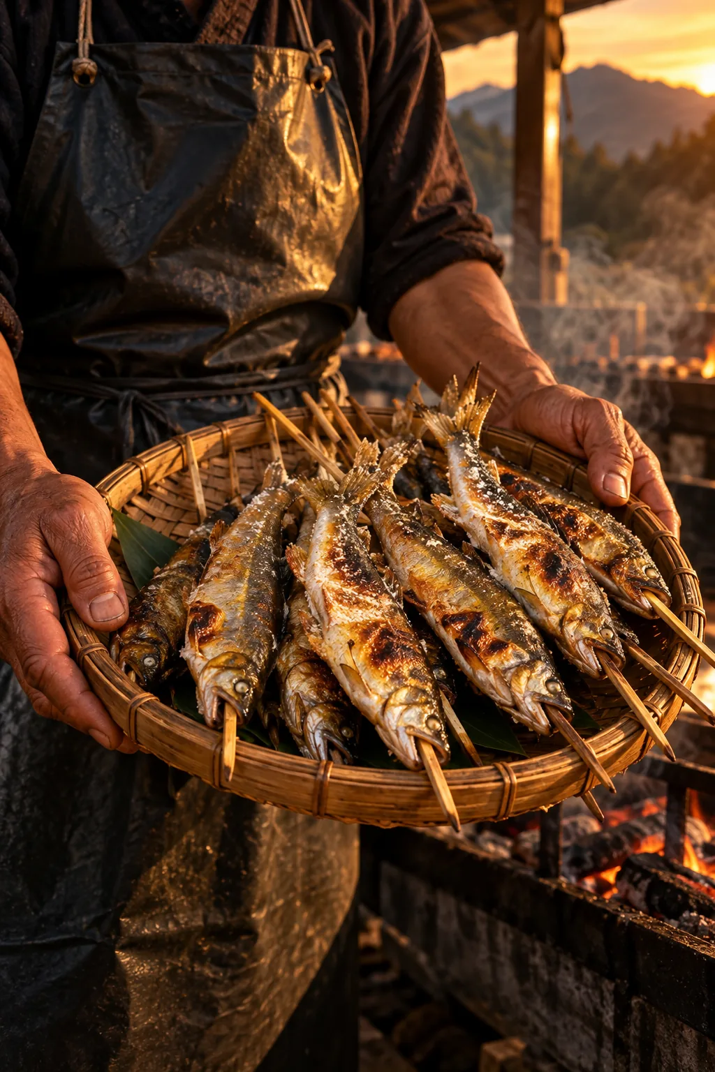 竹かごに並んだ鮎の塩焼き