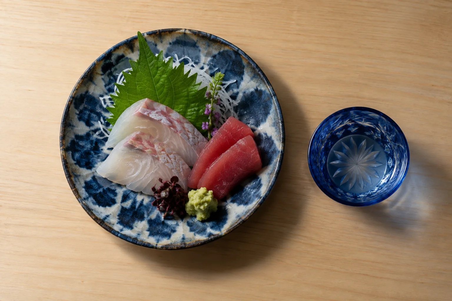 藍の染付の皿に盛った鯛とまぐろの刺身と、青いお猪口