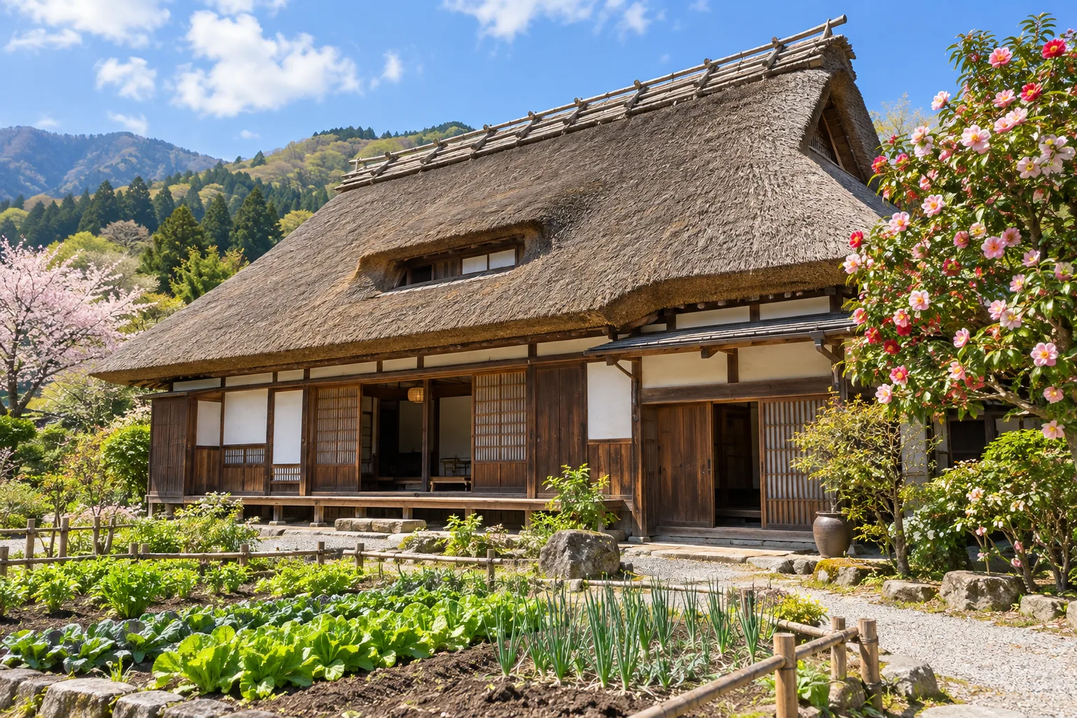 かやぶき屋根の古民家と、ピンクの椿の木