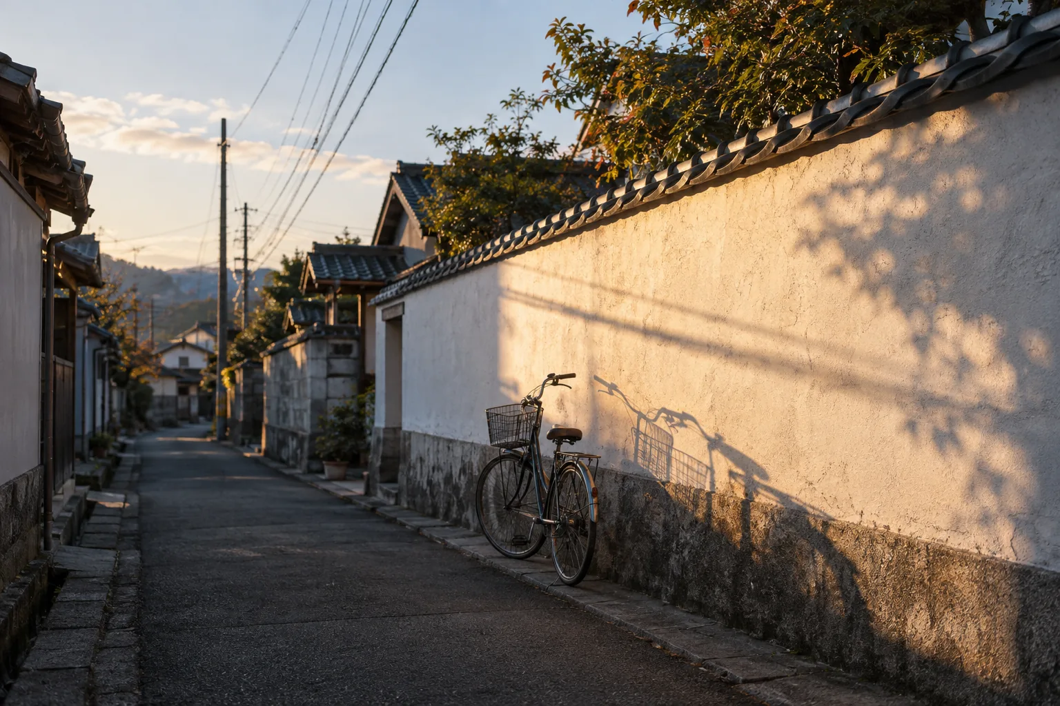 夕暮れの白壁と自転車の影