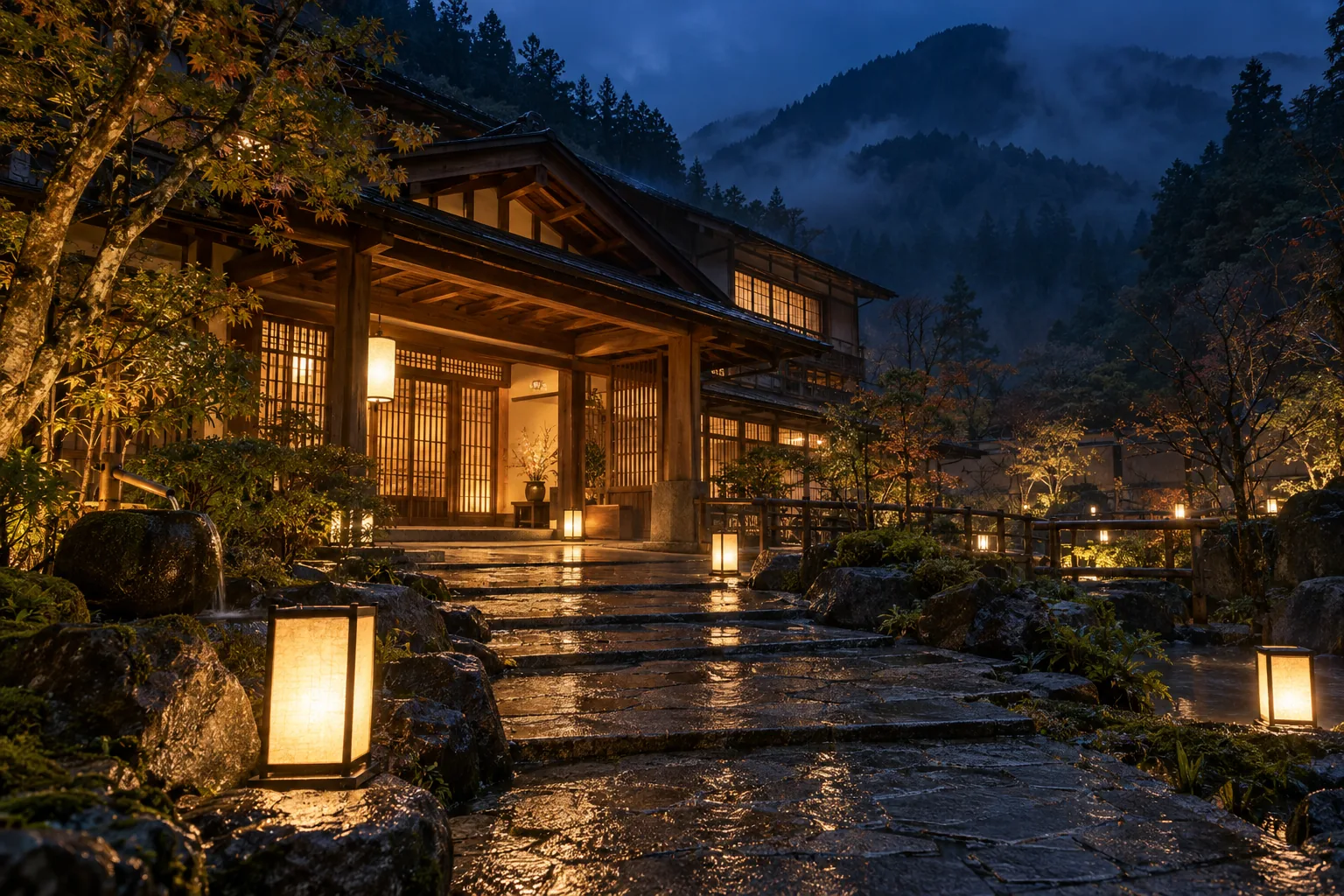 灯籠のともる夜の石畳と宿