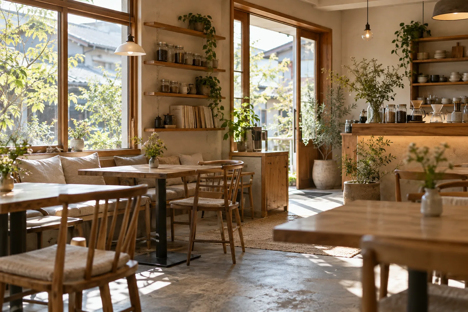 木のテーブルと観葉植物のある明るい店内