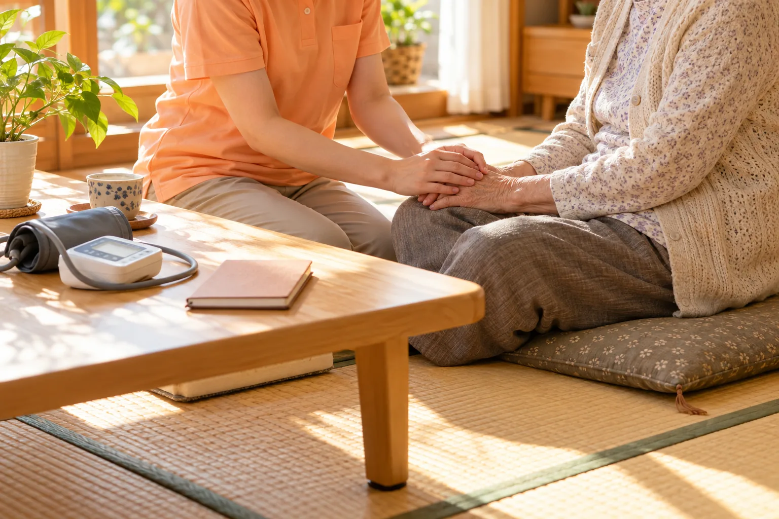 明るい居間で、看護師が高齢の方の手をそっと包んでいる