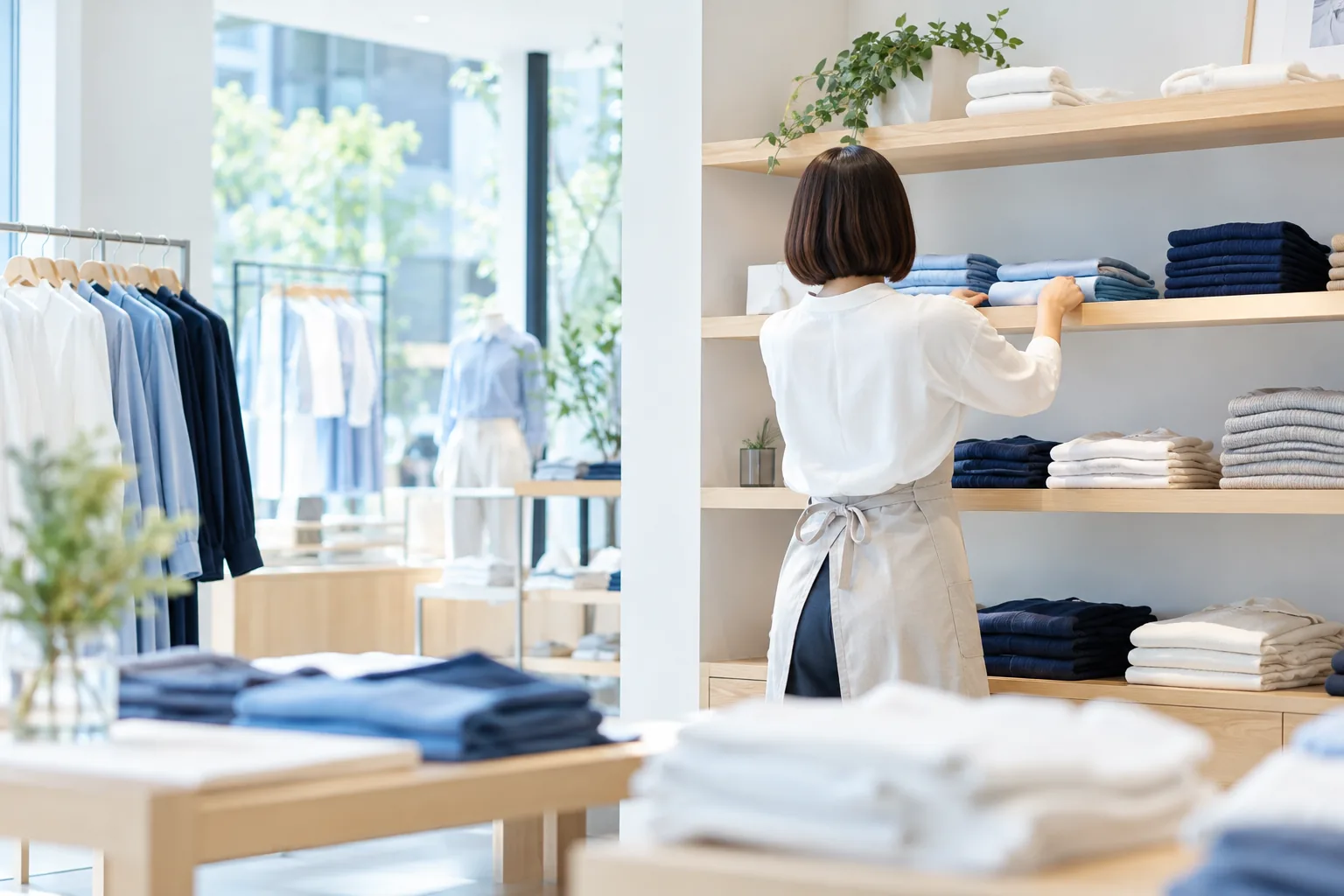 服が並ぶ明るい店内