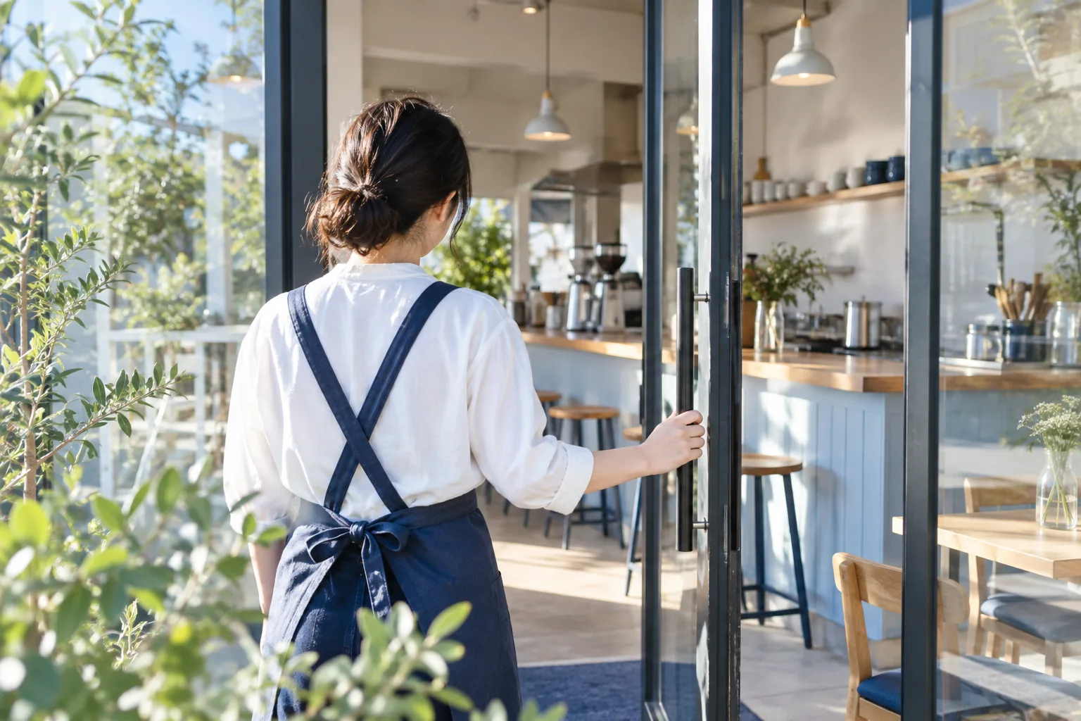 開店の朝、新しい店の扉を開ける人