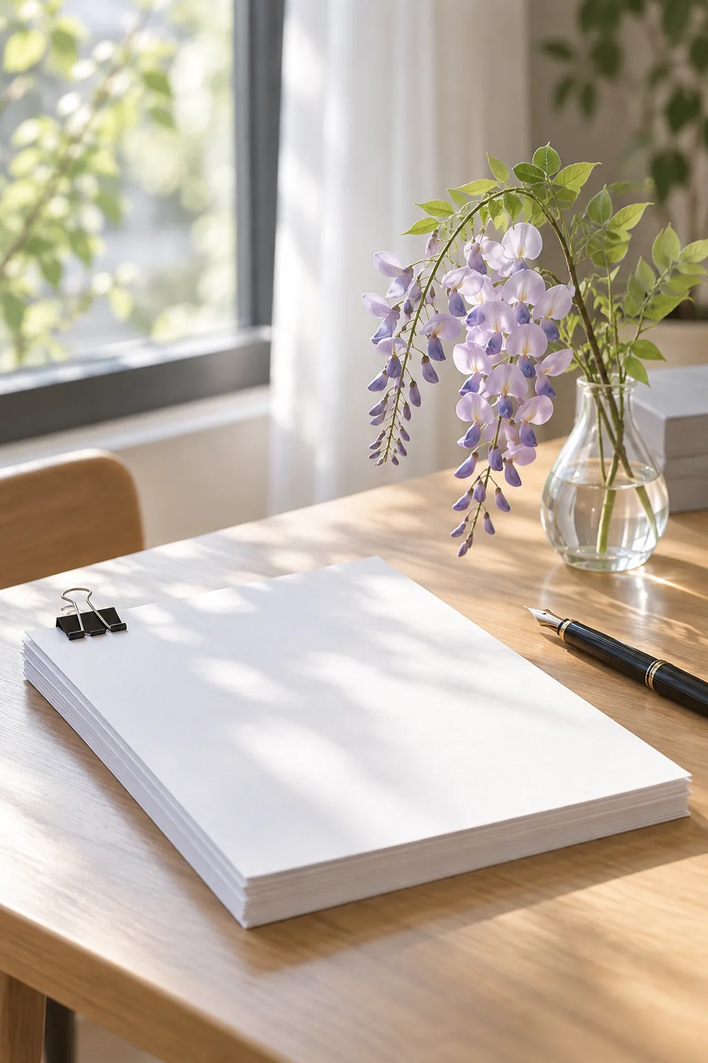 窓辺の机に置かれた書類と万年筆、藤の花