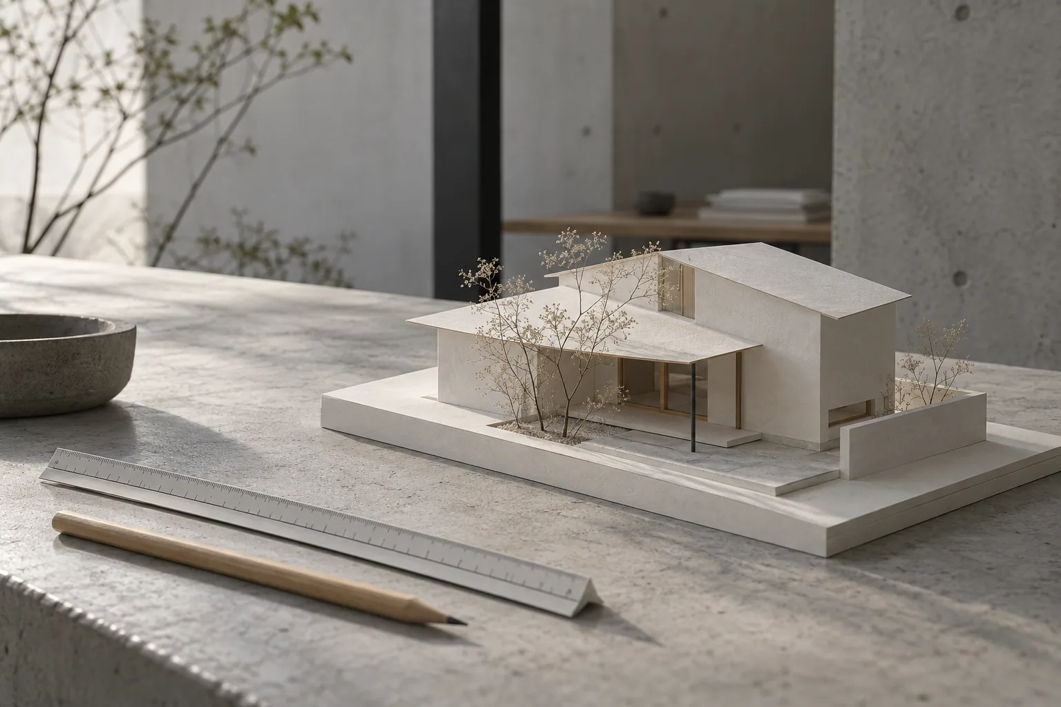 灰色の机に置かれた白い建築模型と定規