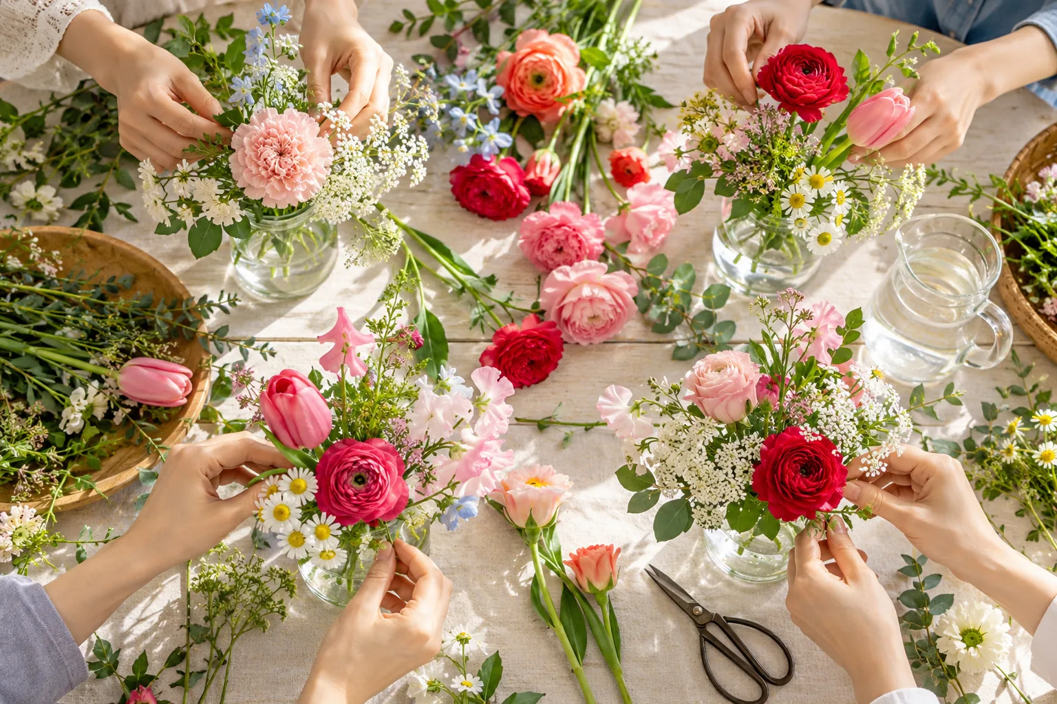 小さな花を器に生ける、たくさんの手