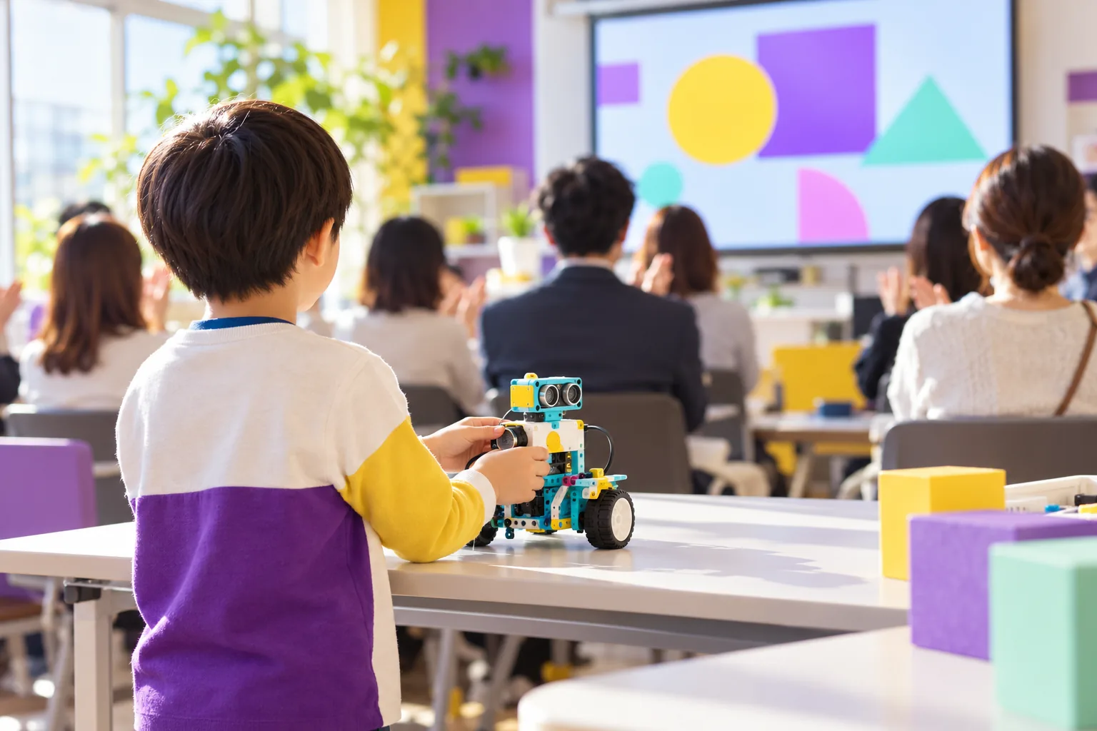 家族の前で作品を見せる子どもの後ろ姿