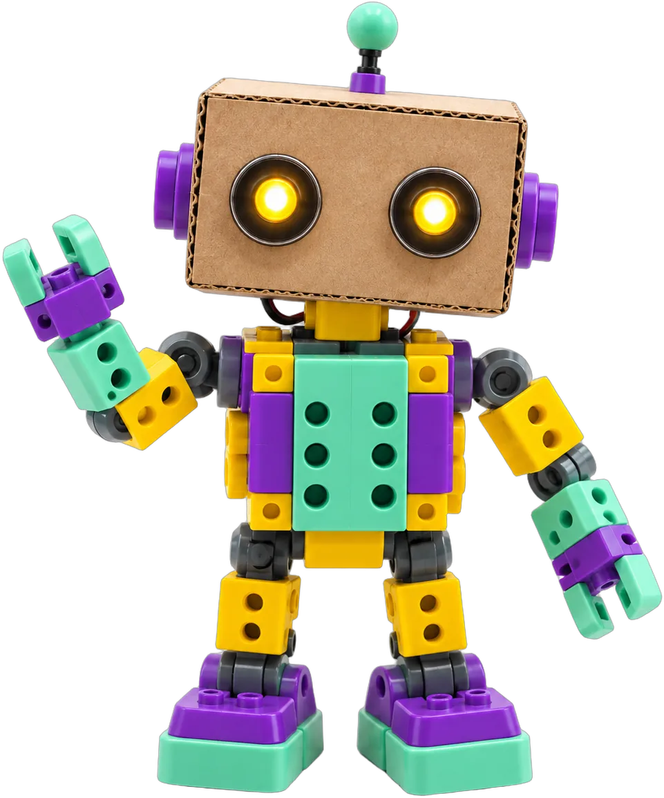 段ボールの頭に光る目をつけた、カラフルなロボット