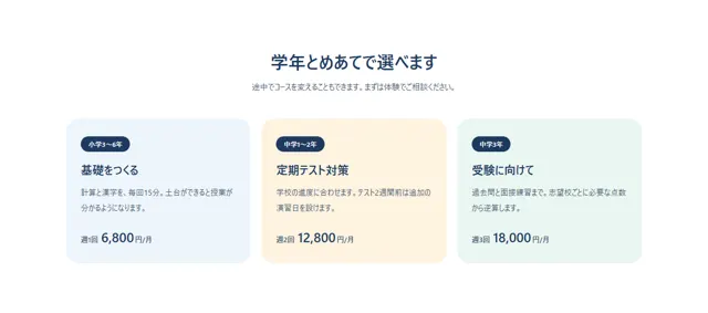 業種｜教育・スクールのパーツ「教育｜コース紹介（学年別）」
