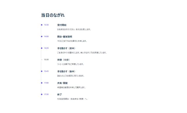 イベント・セミナーのパーツ「タイムテーブル（当日の流れ）」