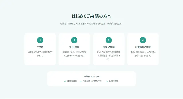 業種｜医療・クリニックのパーツ「医療｜はじめての方へ（受診の流れ）」