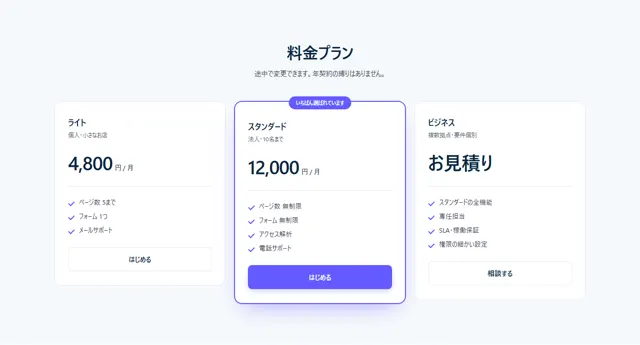 料金のパーツ「3プラン（中央を強調）」