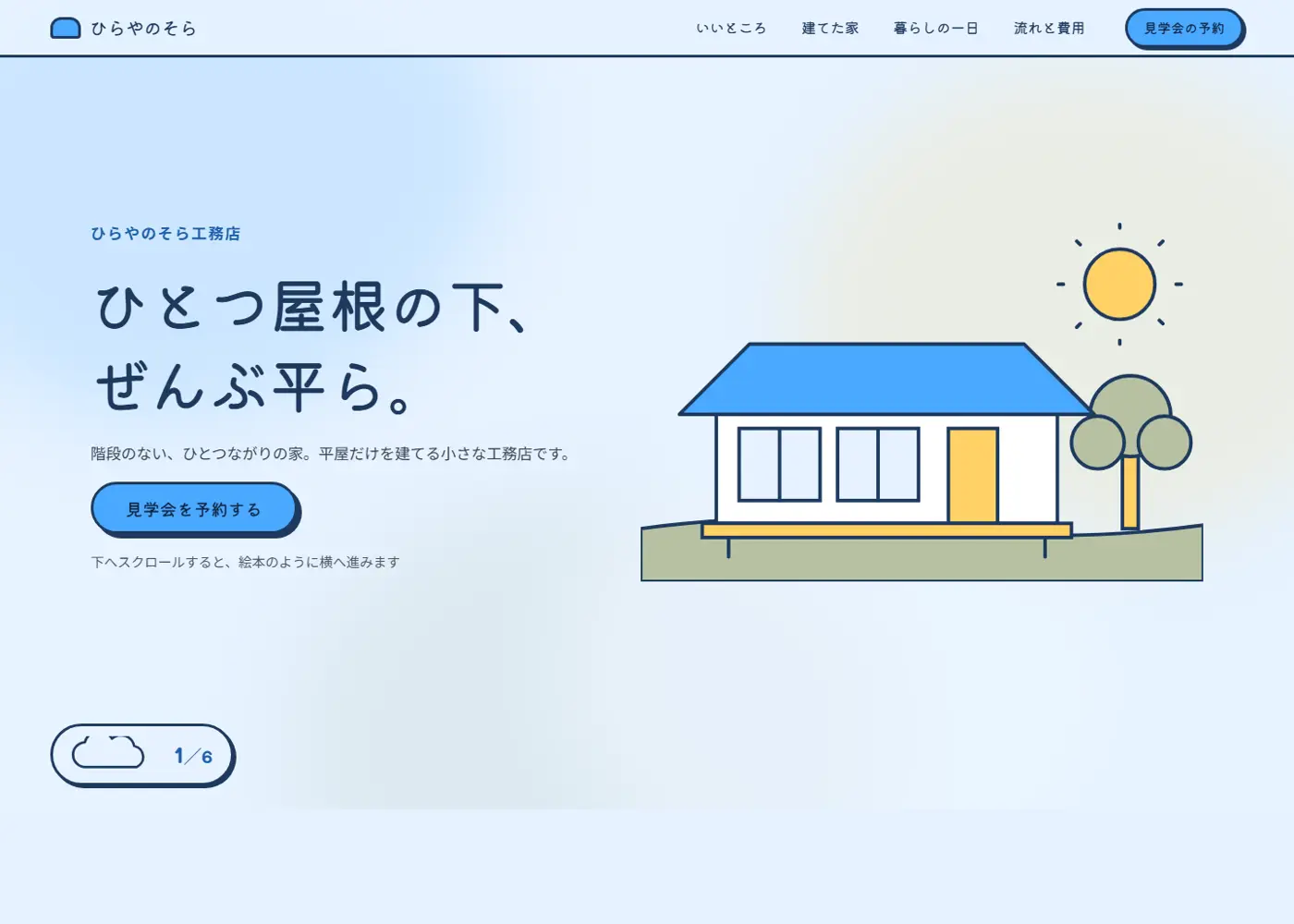 平屋専門工務店（可愛い系・ページ全体が横に動く）の見本の画面の上の方