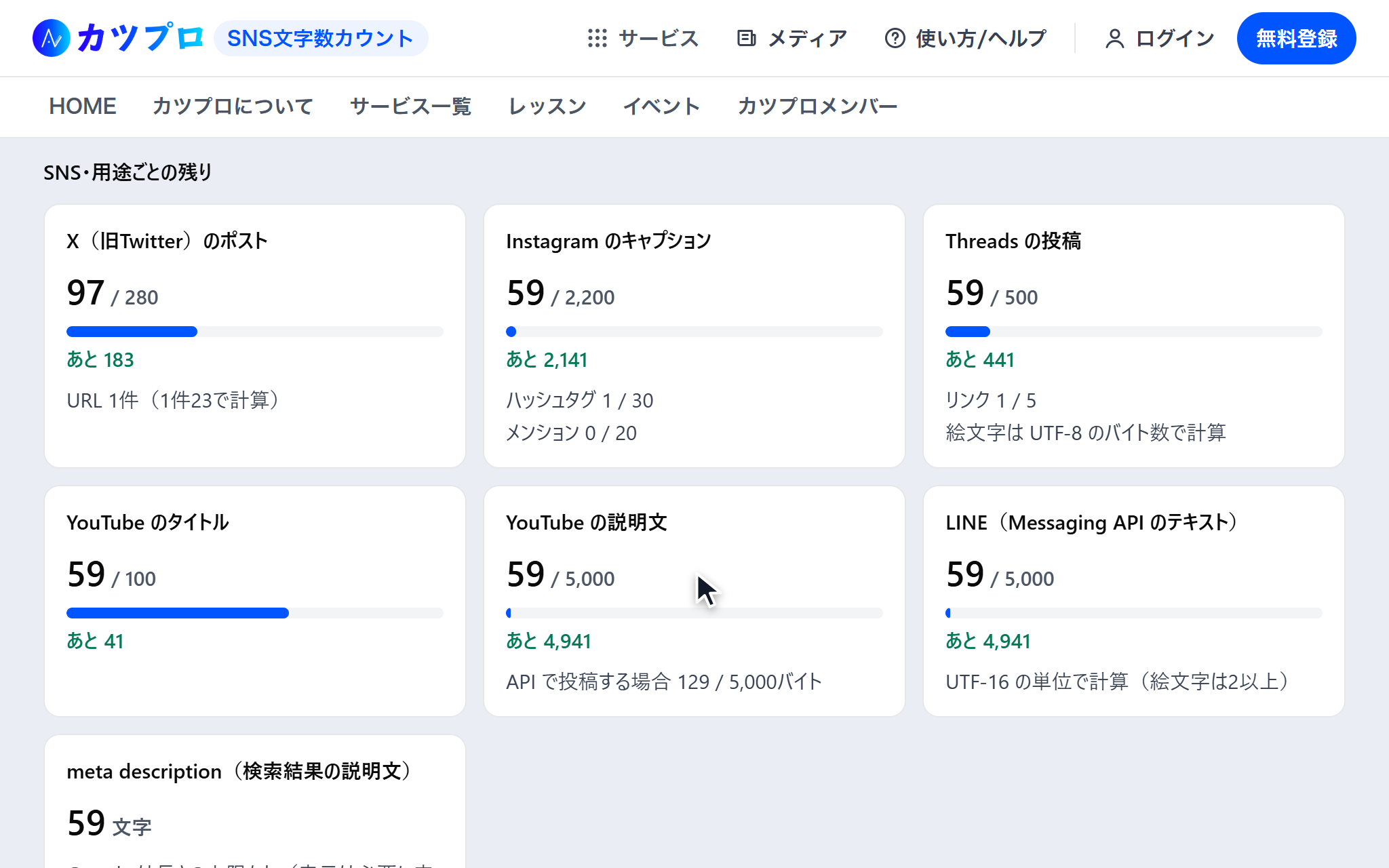 X のポストが 97/280・あと183、Instagram のキャプションが 59/2,200 など、SNS ごとのカードが並んだ画面