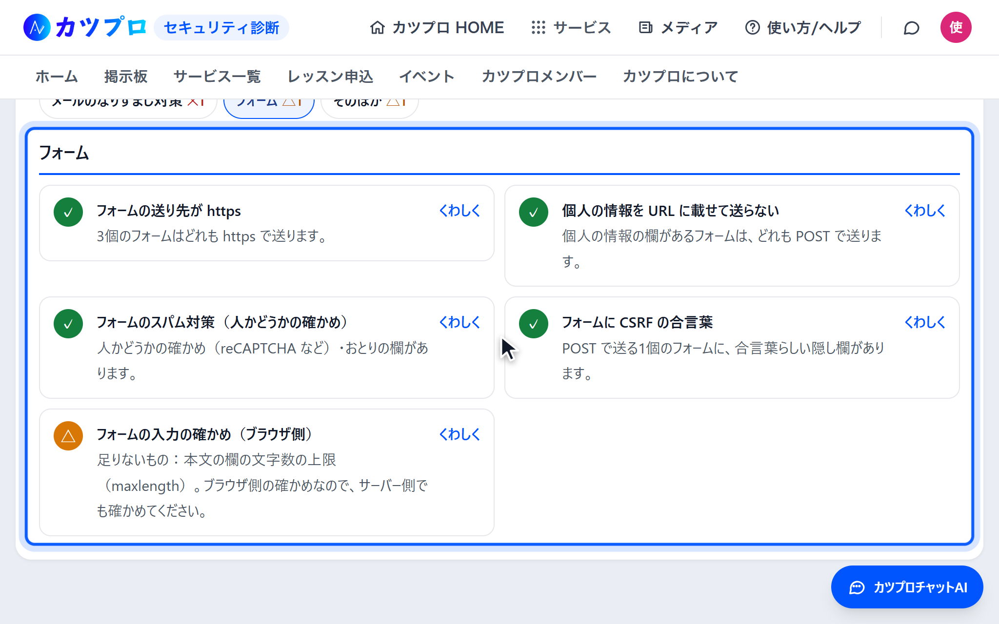 全部の項目のタブを「フォーム」にしぼった画面。送り先が https・URL に載せない・スパム対策・CSRF の合言葉が ✓、入力の確かめが △