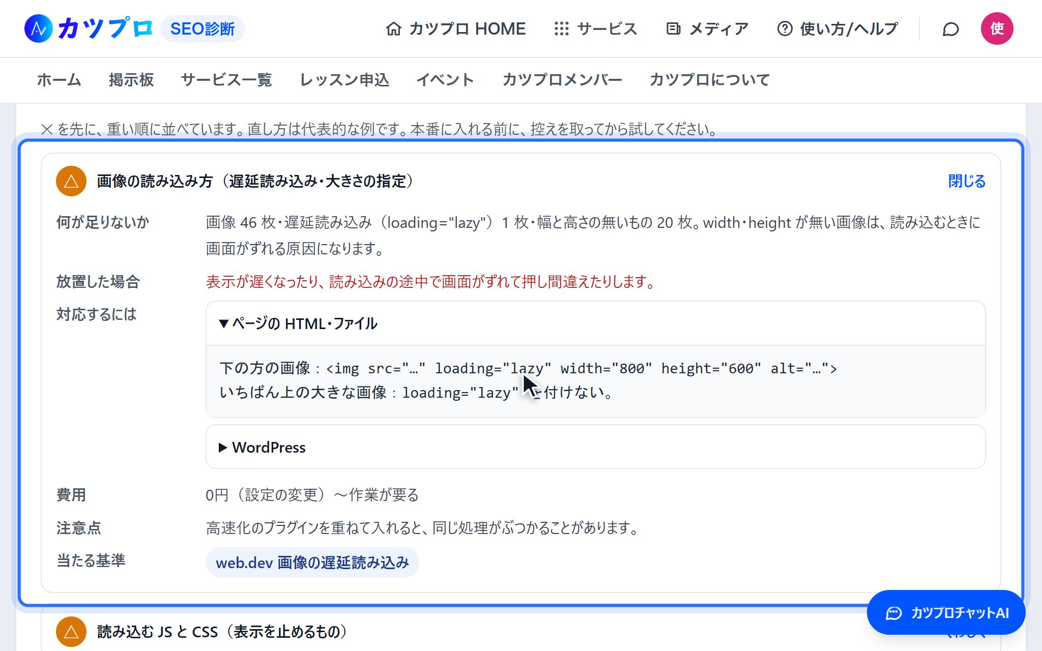 残っている所のタブで「画像の読み込み方」の項目を開いた画面。画像46枚のうち幅と高さの無いもの20枚、などと具体的に出ている